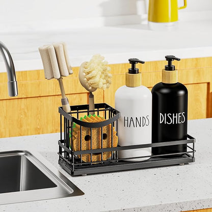 Moforoco Kitchen Dish Soap Dispenser Set, 16OZ Glass Bottle, Hand and Dish Soap Dispenser Set, Instant Dry Tray, Non-Slip Silicone Pad, Brush Holder with Sponge Holder, Kitchen Decor