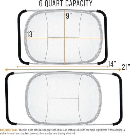 U.S. Kitchen Supply Stainless Steel Colander Strainer - 6-Quart Collapsible Colander with Expandable Rubber Handles - Rectangular Sieve, Fine Mesh Stainless Steel Strainers and Colanders for Kitchen