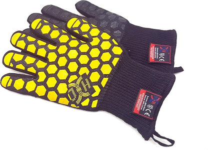 J H Heat Resistant Oven Glove:EN407 Certified 932 °F, 2 Layers Silicone Coating, Oven Mitts for Cooking, Kitchen, Fireplace,Camping, Grilling (Black/Yellow, Regular Cuff)