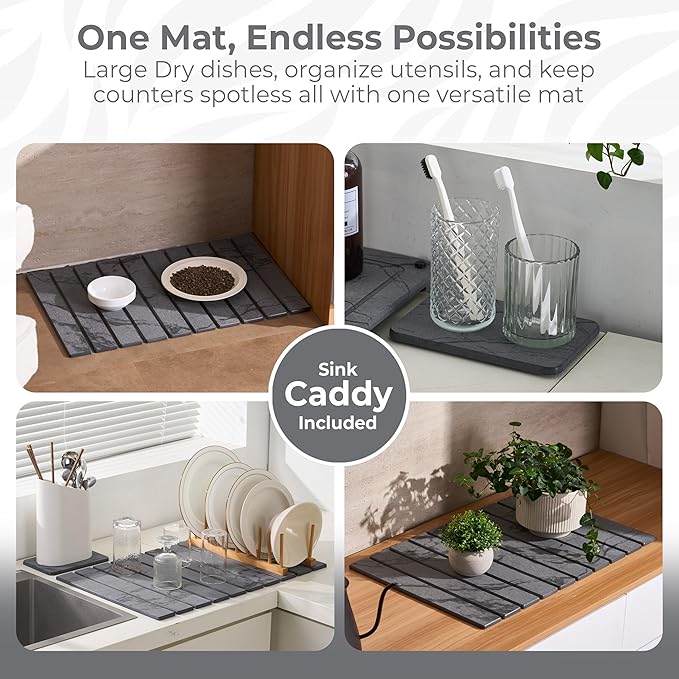 Large Stone Dish Drying Mat for Kitchen Counter - Quick Dry Stone Dishes Mats, Foldable Water Absorbing Diatomaceous Earth Drying Organizer Pad for Rack Bottles Plate (Dark Gray 24"×16" & 8"x5")