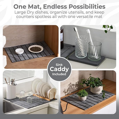 Large Stone Dish Drying Mat for Kitchen Counter - Quick Dry Stone Dishes Mats, Foldable Water Absorbing Diatomaceous Earth Drying Organizer Pad for Rack Bottles Plate (Dark Gray 24"×16" & 8"x5")