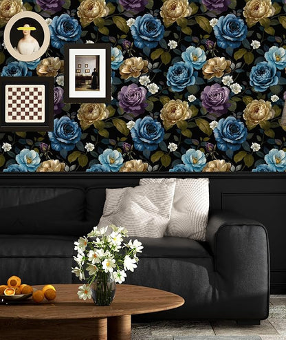 Fvlow Watercolor Wallpaper Peel and Stick, Vintage Large Floral Contact Paper Waterproof Self-Adhesive Dark Flower Wall Paper for Bedroom Countertop Desk Cabinets Decor 17.4" x 118" Renter Friendly