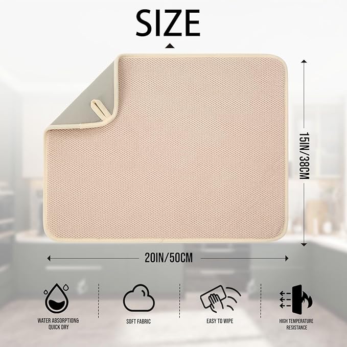 2 Pack Microfiber Dish Drying Mat for Kitchen Counter,Ultra Absorbent Dish Drainer Mat ,Dish Drying Pad ,Dish Rack Mat 20×15 Inch (Beige)
