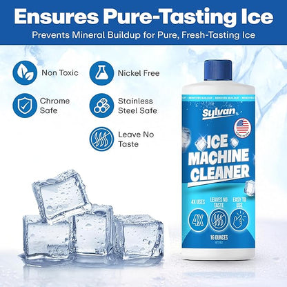 Sylvan Ice Machine Cleaner and Descaler | 16 oz | Free Cloth | Made in USA | Nickel Safe Ice Maker Cleaner and Descaler | Universal Compatibility for Commercial & Residential Ice Makers