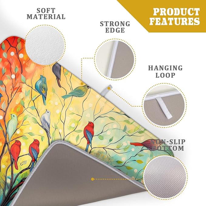 Spring Summer Floral Birds Dish Drying Mat for Kitchen Counter 18x24 Inch Spring Colorful Floral Kitchen Drying Mat Fast Dry Absorbent Microfiber Dish Drainer Rack Pad Flower Mat for Countertop Decor