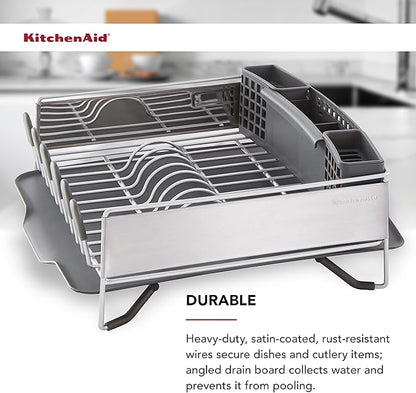 KitchenAid Compact, Space Saving Rust Resistant Dish Rack with Removable Flatware Caddy and Angled Self Draining Drainboard, 16.06-Inch, Black