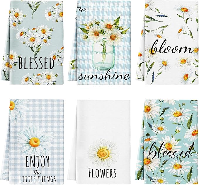 Zubebe 6 Pcs Daisy Kitchen Towels 18 x 28 Inch Spring Daisy Dish Towels Decorative Absorbent Dishcloths for Farmhouse Kitchen Bathroom Decorations, Seasonal Decor Gifts
