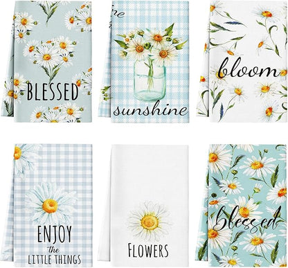 Zubebe 6 Pcs Daisy Kitchen Towels 18 x 28 Inch Spring Daisy Dish Towels Decorative Absorbent Dishcloths for Farmhouse Kitchen Bathroom Decorations, Seasonal Decor Gifts