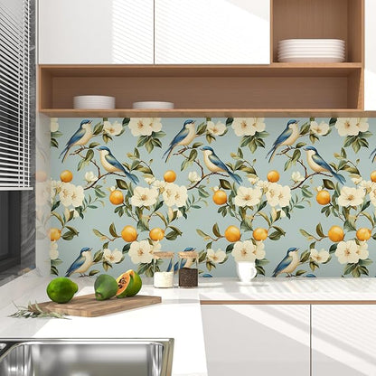 Blue Bird Peel and Stick Wallpaper, Vintage Beige Floral Fruits Contact Paper, Retro Botanical Wall Paper 17.5" x 118" Self Adhesive Removable Waterproof for Bedroom Shelves Cabinet Drawer Table