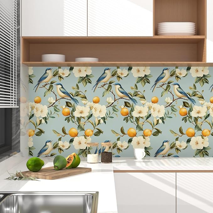 Laatse Birds Wallpaper Peel and Stick, Blue Vintage Floral Fruits Contact Paper 17.5" x 393", Botanical Wall Paper Self Adhesive Removable Waterproof for Bathroom Bedroom Shelf Cabinet Drawer Table