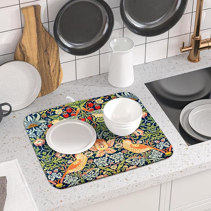 Navy Blue Sage Green Chinoiserie Dish Drying Pad 16 x 18 Inch With Absorbent Reversible Microfiber Vintage Strawberry Floral Bird Drying Mats Dish Drainer Mat Fast Dry For Kitchen