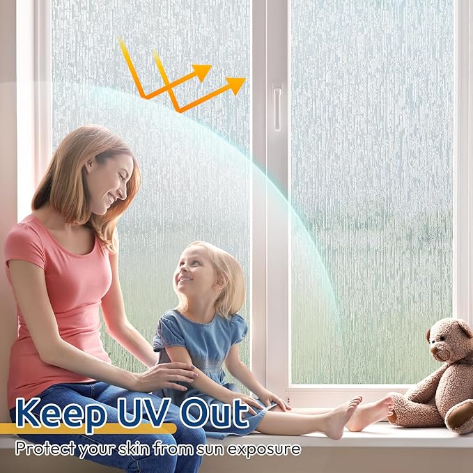 rabbitgoo Window Privacy Film Frosted Glass Clings, Decorative Sun UV Blocking Static Cling Window Covering, Removable Frosting Sticker for Home, Rain Silk, 35.4 x 157.4 Inches