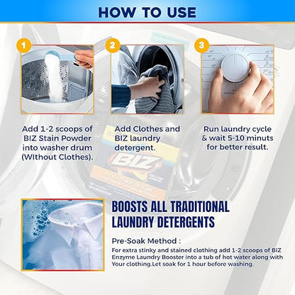 Biz Laundry Detergent Powder, Stain and Odor Eliminator for Tough Stains Like Grass Sweat and Chocolate, Powder Laundry Detergent with 4 Stain Fighters, Color Safe, HE Safe, Unscented, 37.5 Ounce