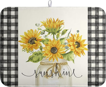Summer Sunflower Dish Drying Mats for Kitchen Counter Spring Sunshine Kitchen Dishes Dryer Pad Flowers Absorbent Dish Mat Microfiber Washable Foldable Reusable Large 18x24 in