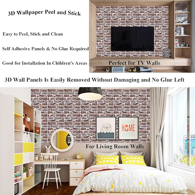 3D Wall Panels Peel and Stick,3D Brick Wallpaper Peel and Stick 10Pack Self-Adhesive Stone Waterproof PVC Wall Panels for Living Room,Interior, Lobby Bedroom(Light Brown Stone)