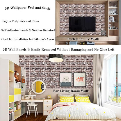3D Wall Panels Peel and Stick,3D Brick Wallpaper Peel and Stick 10Pack Self-Adhesive Stone Waterproof PVC Wall Panels for Living Room,Interior, Lobby Bedroom(Light Brown Stone)