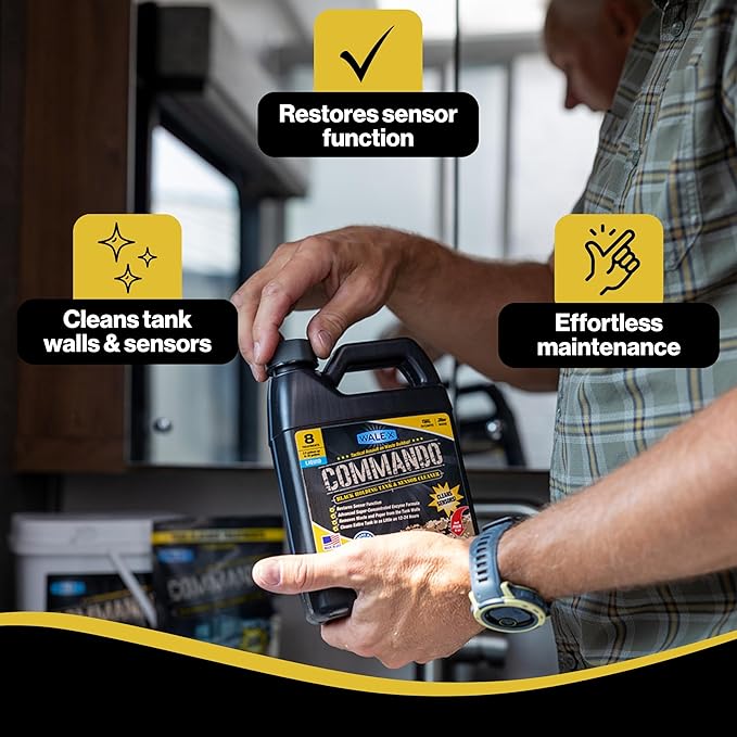 Walex Commando Liquid Black Holding Tank and Sensor Cleaner for RV, Camper & Marine - Rapid Breakdown of Waste & Toilet Paper, Cleans Entire Tank within 12-24 Hours, Restores Sensor Function, 32oz