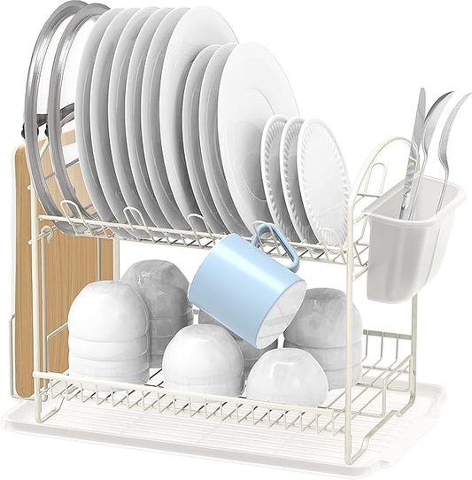 Simple Houseware 2-Tier Dish Rack with Drainboard, White