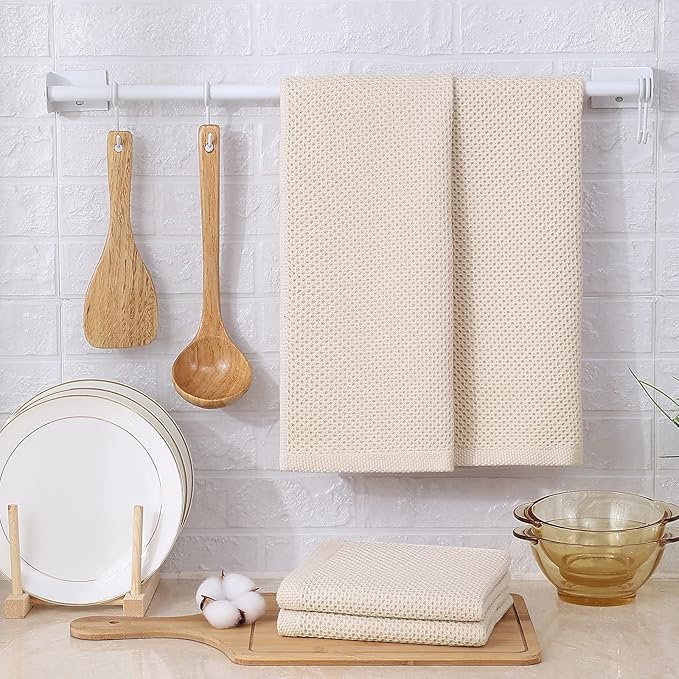 Kitinjoy 100% Cotton Waffle Weave Kitchen Hand Towels (13 X 28 Inches, Beige), 6-Pack Super Soft and Absorbent Dish Towel for Drying Dishes