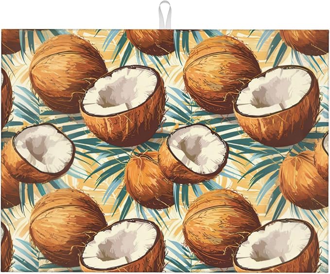 Coconuts Pattern Dish Drying Mats for Kitchen Counter, Absorbent Reversible Microfiber Dish Drying Pad, Multi-Use Large Drying Mat Coffee Bar Accessories 18"x24"