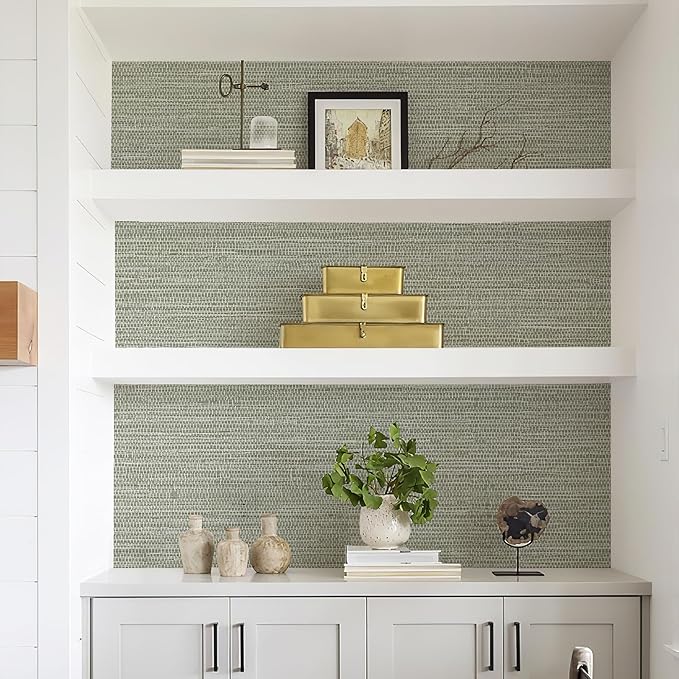 Simon&Siff Green Textured Grasscloth Peel and Stick Wallpaper 17.7"x394" Neutral Faux Grassweave Wallpaper Waterproof Self Adhesive Removable Wallpaper Mural for Home Decor Bedroom Kitchen Cabinet