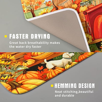 Autumn Pumpkin Red Truck Dish Drying Mat for Kitchen Counter,Fall Leaves Sunflower Cue Dog Harvest Drying Mat 16 x 18 Inch Microfiber Dish Drying Pad Dish Rack Drainer Mat for Coffee Bar