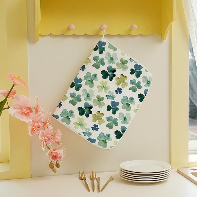 Spring Dish Drying Mat 18x24 Inches For Kitchen Counter Absorbent Green Lucky Clover Kitchen St. Patrick's Day Leaf Drying Mat Pad For Home Kitchen,Dining Room,Office Decoration