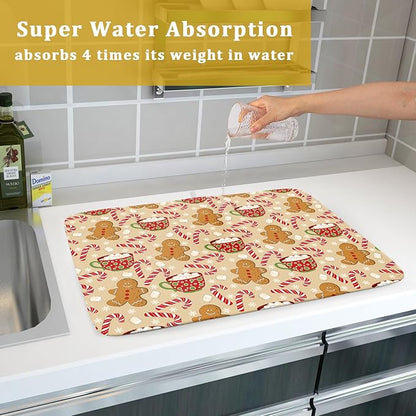 Christmas Gingerbread Man Dish Drying Mat for Kitchen Counter 18x24 Xmas Candy Cane Winter Holiday Theme Absorbent Reversible Microfiber Drying Mats Kitchen Countertop Protector Dishes Drainer Pad