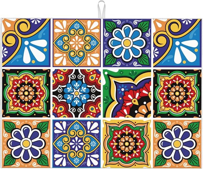 Talavera Mexican Tiles Dish Drying Mats for Kitchen Counter, Absorbent Reversible Microfiber Dish Drying Pad, Multi-Use Large Drying Mat Coffee Bar Accessories 18"x24"