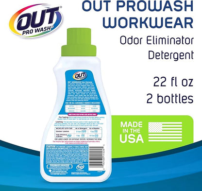 OUT ProWash Workwear Stain Remover Laundry Detergent and Odor Eliminator, Great for Work Clothes, Uniforms, Active Wear, and More, Made in the USA, 22 Ounce Bottle, 2-Pack