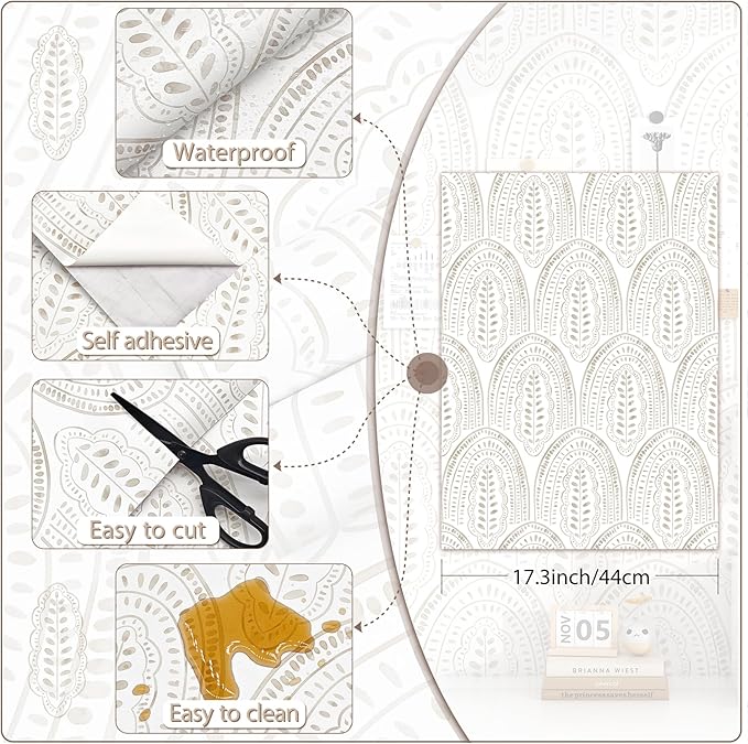 Modern Peel and Stick Wallpaper Boho Contact Paper 17.3''×78.8'' Self Adhesive Removable Wallpaper Peel and Stick Wall Paper Beige and White Wallpapers for Bedroom Bathroom Cabinets Decor Vinyl
