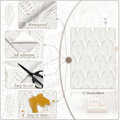 Modern Peel and Stick Wallpaper Boho Contact Paper 17.3''×78.8'' Self Adhesive Removable Wallpaper Peel and Stick Wall Paper Beige and White Wallpapers for Bedroom Bathroom Cabinets Decor Vinyl