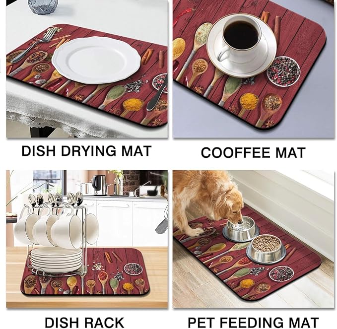 Dish Drying Mat for Kitchen Counter 2 Pack with Non-Slip Rubber Backing - Heat-Resistant Absorbent Coffee Bar Mat, Dish Rack Mat, Seasonings Dish Drying Mats 18x24+19.5x12 inch