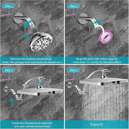 Hibbent 5 Spray Modes Shower Head, 13'' High Pressure Rain Shower Head, Large Rainfall Showerhead for Bathroom, High Flow Waterfall Fixed Showerheads with Adjustable Swivel Ball Joint, Silver