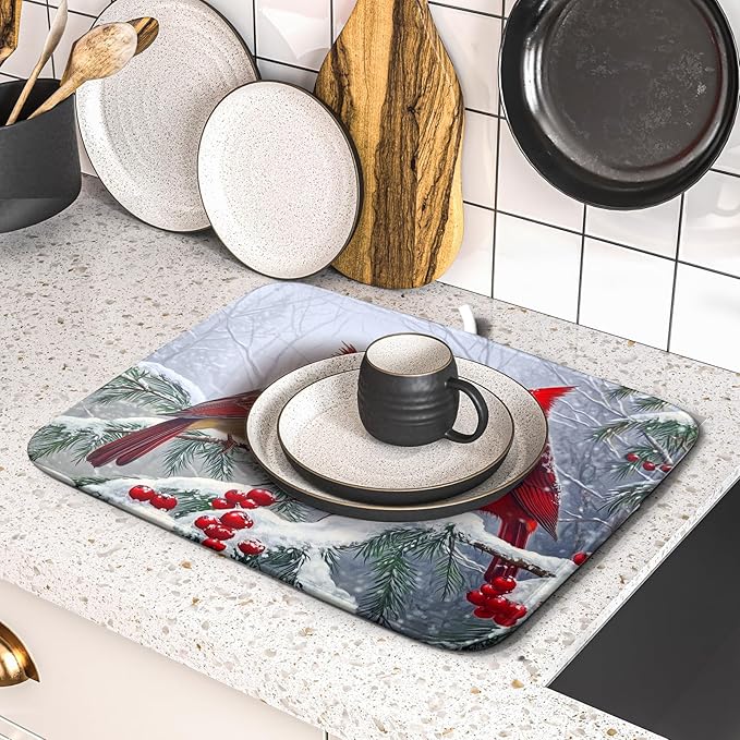 Christmas Bird Dish Drying Mat for Kitchen Counter 16 x 18 Inches Red Winter Absorbent Reversible Microfiber Mats for Berry Dish Rack Pad Drainer Mat for Coffee Bar Decor