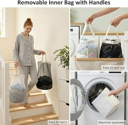 efluky Laundry Hamper with Lid, Double Laundry Hamper with 2 Removable Bags, 2 Section Laundry Basket with Bamboo Handles for Bathroom, Bedroom & Laundry Room, 140L (36.9 Gallon) Beige