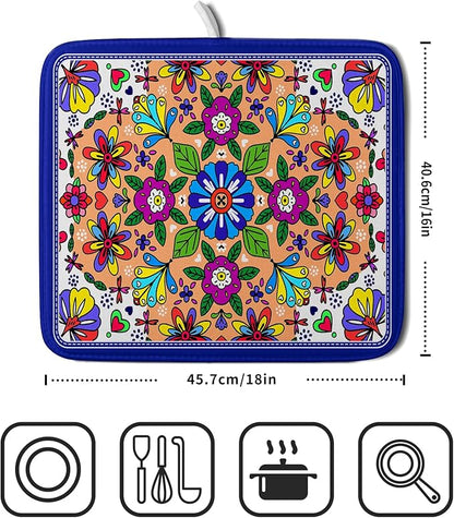 Mexican Talavera Dish Drying Mat Navy Blue Microfiber Dish Drain Pad for Kitchen Decor