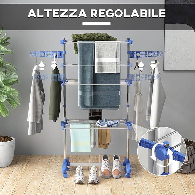 HOMCOM Folding Clothes Airer in Stainless Steel and Plastic, Space-Saving Vertical Drying Rack with 6 Wheels, Hooks and 3 Adjustable Shelves for Indoors, 142 x 55 x 152 cm, Silver Blue