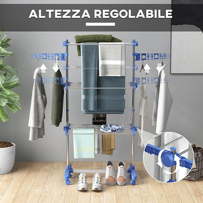 HOMCOM Folding Clothes Airer in Stainless Steel and Plastic, Space-Saving Vertical Drying Rack with 6 Wheels, Hooks and 3 Adjustable Shelves for Indoors, 142 x 55 x 152 cm, Silver Blue