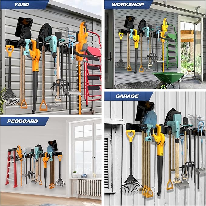 Sttoraboks Garage Tool Storage Rack, Heavy Duty Garage Storage Organizer Rack System Wall Mounted Tool with 6 double hooks, 2 rails, Garden Yard Tools Hanger Rack for Ski Gears, Broom, Rake,Shovel