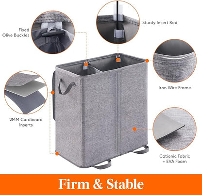 Lifewit Double Laundry Hamper with Lid and Removable Laundry Bags, Large Collapsible 2 Dividers Dirty Clothes Basket with Handles for Bedroom, Laundry Room, Closet, Bathroom, College, 136L Gray