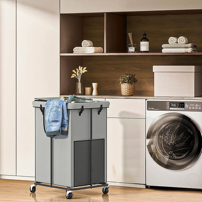 Large Laundry Hampers with Lid, Oxford Fabric Laundry Hampers, Metal Frame and Removable Bag Design with Wheels, Suitable for Bedroom, Bathroom, Dorm Room, Laundry Room (Grey with Lid)