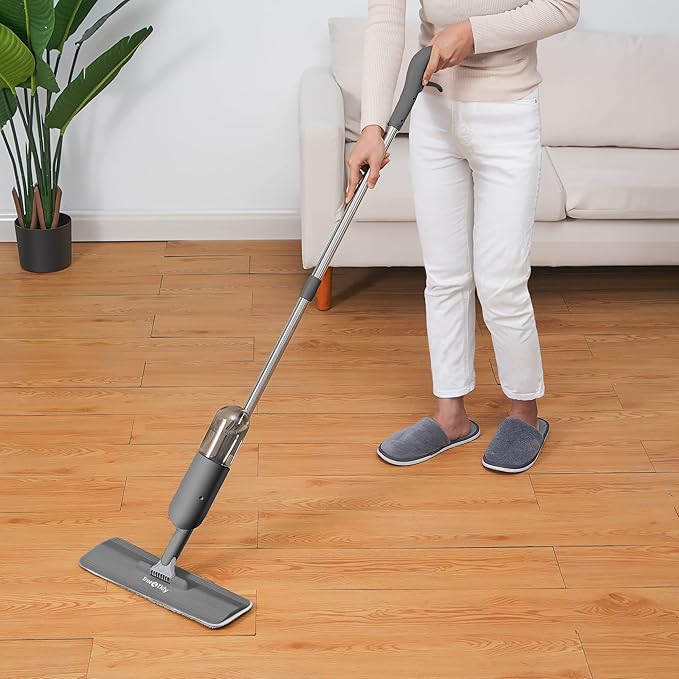 True & Tidy Spray Mop for Floor Cleaning Wet Spray Mop with 12 oz Refillable Bottle and 4 Washable Microfiber Pads Home or Commercial Use Dry Wet Flat Mop for Hardwood Laminate Wood Ceramic (Gray)