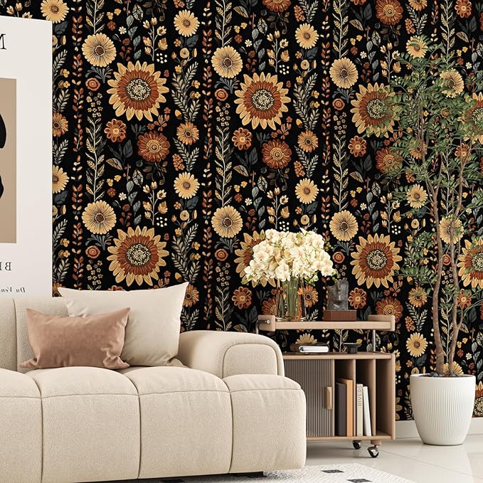 Boho Dark Floral Peel and Stick Wallpaper, Vintage Black Brown Flower Pattern Design Removable Wall Paper for Bedroom Cabinet Drawer, Vinyl Abstract Classic Contact Paper Decor 17.5In x 118In