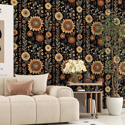 Boho Dark Floral Peel and Stick Wallpaper, Vintage Black Brown Flower Pattern Design Removable Wall Paper for Bedroom Cabinet Drawer, Vinyl Abstract Classic Contact Paper Decor 17.5In x 118In