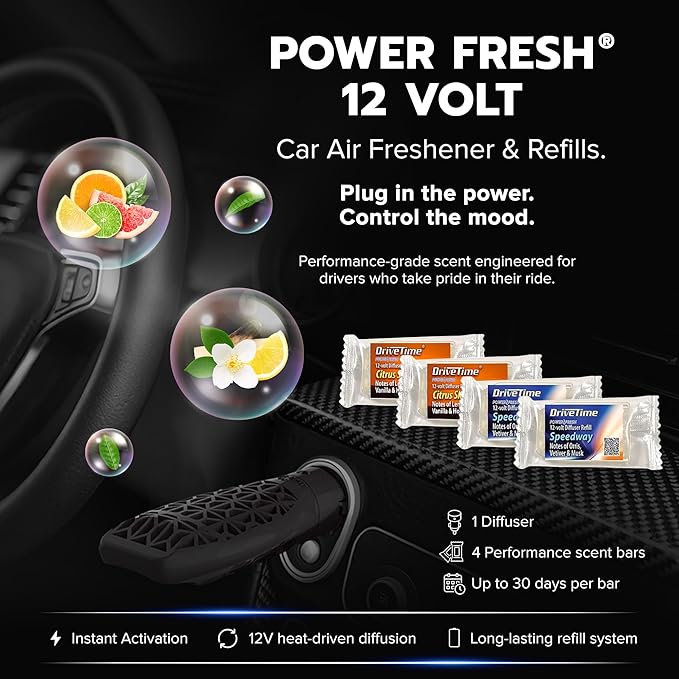 Drive Time Reusable 12V Plug-in Car Air Freshener Refill – Power Fresh, Auto Shut-Off, Plug-In Convenience, No Batteries Needed – Includes 4 Scent Bars for Up to 30 Days of Freshness