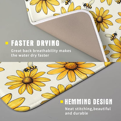 Spring Summer Sunflower Bee Dish Drying Mat of Kitchen Counter 16×18 Inch Floral Drainer Pad Flower Dish Rack Pad Drainer Mat Washable Absorbent Reversible Microfiber for Coffee Bar