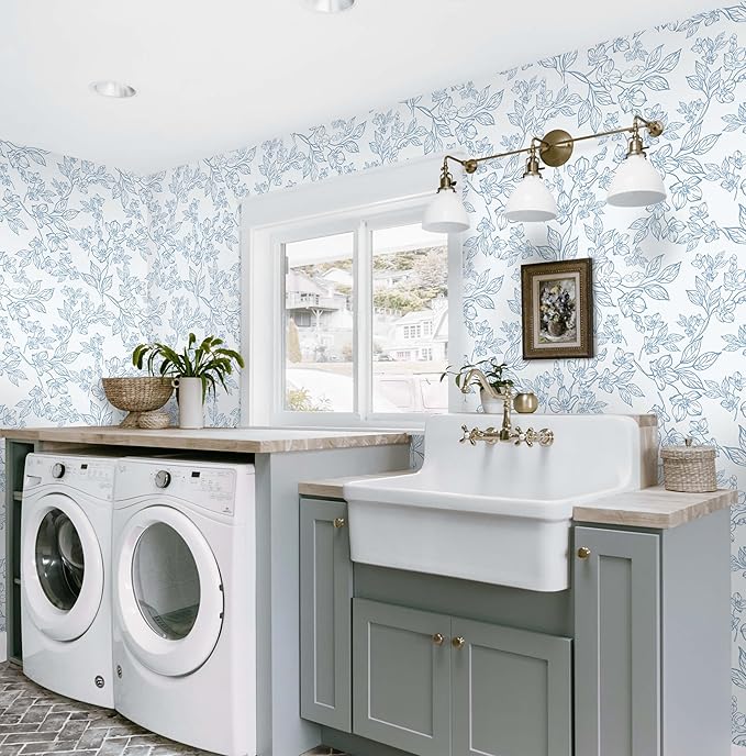 Ismoon Floral Wallpaper Peel and Stick Blue and White Contact Paper Vintage Textured Removable Wallpaper Self Adhesive Renter Friendly Wall Paper 17.3x196in