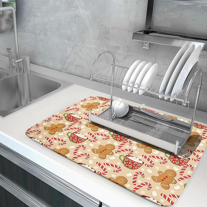 Christmas Gingerbread Man Dish Drying Mat for Kitchen Counter 18x24 Xmas Candy Cane Winter Holiday Theme Absorbent Reversible Microfiber Drying Mats Kitchen Countertop Protector Dishes Drainer Pad
