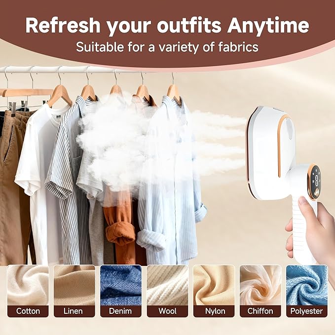 Travel Steamer, Steamer for Clothes, 1200W Clothes Steamer with 10-Second Fast Heat Up, LED Display and 180° Rotatable Handle, Ceramic Soleplate for Travel Home and Office